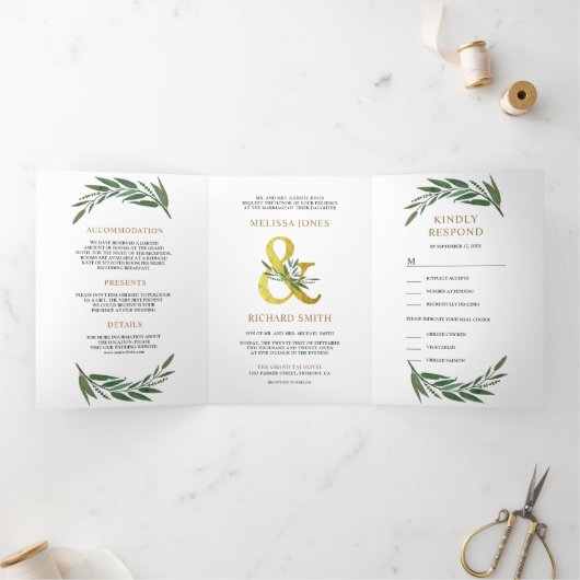 Gouden Ampersand Olive Branch Alles in een bruilof Drieluik Uitnodiging (Binnen)