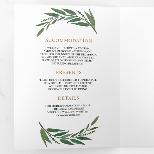 Gouden Ampersand Olive Branch Alles in een bruilof Drieluik Uitnodiging (Binnenzijde eerst)
