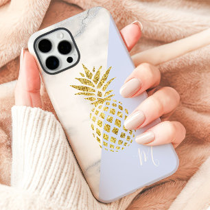 Gouden Ananas Marmer Blauwe Pastel Monogram iPhone 16 Pro Max Hoesje