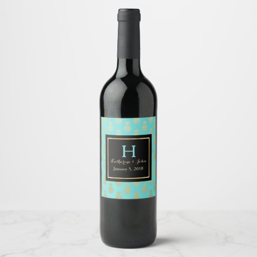 Gouden ananas monogram bruiloft wijn label wijn etiket (Voorkant)