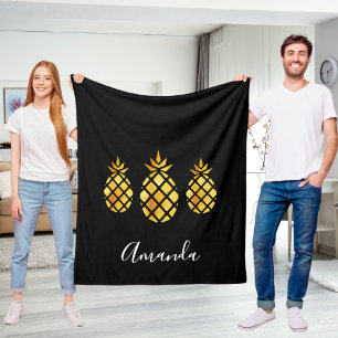 Gouden ananas zwarte naam script modern fleece deken