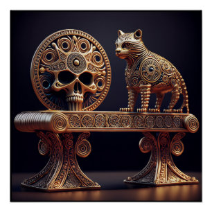 Gouden Android Kat Op Sokkel Met Schedelschild Perfect Poster