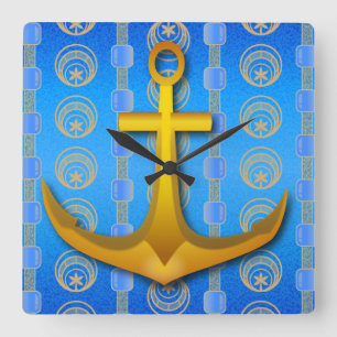 Gouden Anker Cerulean Blauw Vierkante Wandklok Klok
