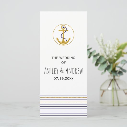 Gouden anker en strepen nautische bruiloft program programma (Staand voorkant)