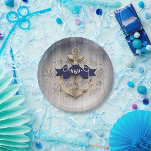 Gouden Anker Nautische Kustbruiloft Papieren Bordje (Feest)