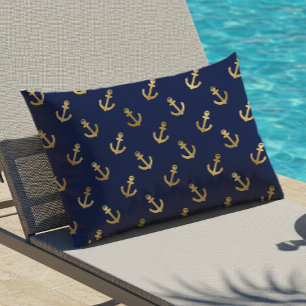 Gouden Anker Patroon Marineblauw Nautilisch Buiten Buitenkussen