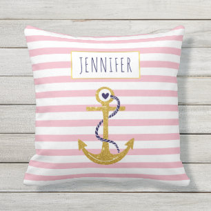 Gouden anker roze gestreept patroon trendy nautisc buitenkussen