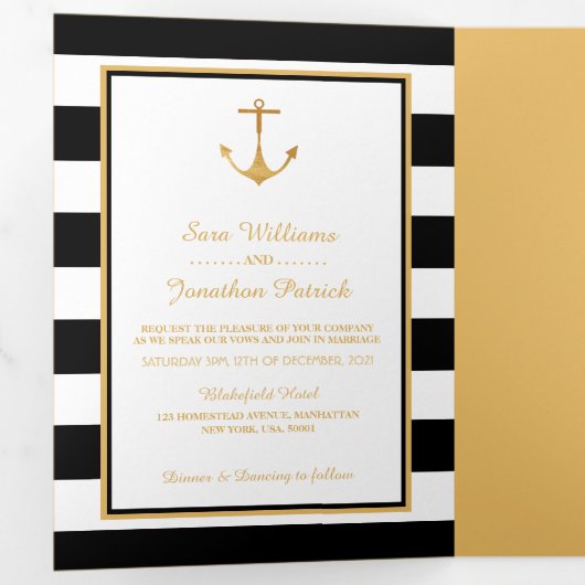 Gouden Anker Zwart & Wit Stripe Trouwsuite Drieluik Uitnodiging (Binnenzijde eerst)