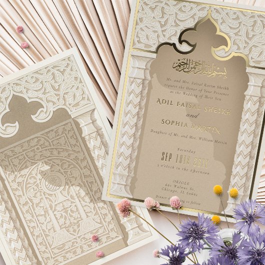 Gouden architecturale elegantie bruiloft uitnodigi folie uitnodiging