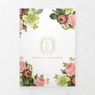 Gouden Art Deco Monogram Bloemen Brochure Drieluik Kaart