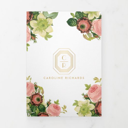 Gouden Art Deco Monogram Bloemen Brochure Drieluik Kaart (Cover)
