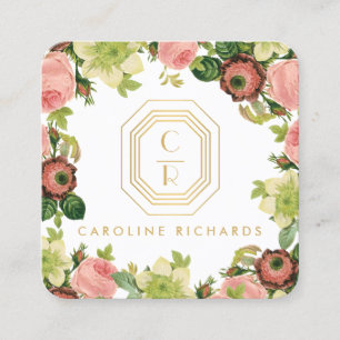Gouden Art Deco Monogram Bloemen Vierkante Visitekaartje