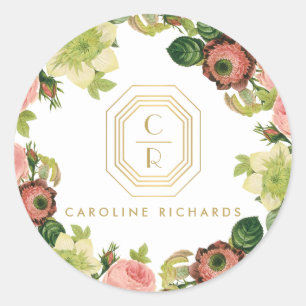 Gouden Art Deco Monogram met Bloemen Ronde Sticker