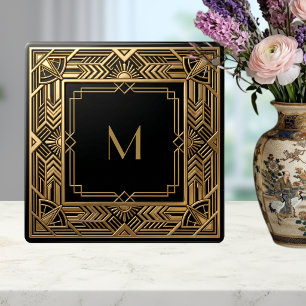 Gouden Art Deco Monogram Zwart Gepersonaliseerd Lu Tegeltje