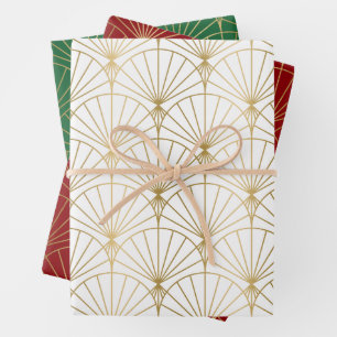 Gouden Art Deco motief op wit, rood, groen Inpakpapier Vel