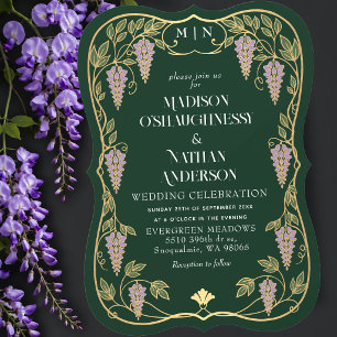 Gouden Art Nouveau Paarse Wisteria Bruiloft Kaart
