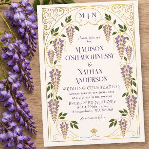 Gouden Art Nouveau Paarse Wisteria Bruiloft Kaart
