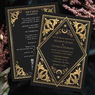 Gouden Art Nouveau Tarot Gotische QR Code Huwelijk Kaart
