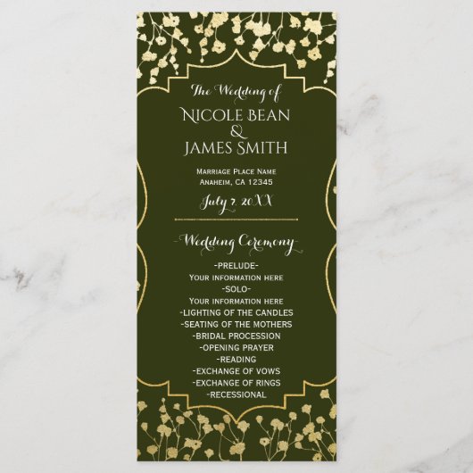 Gouden Baby's Breath Bloem Olive Bruiloftsprogramm Programma (Voorkant)