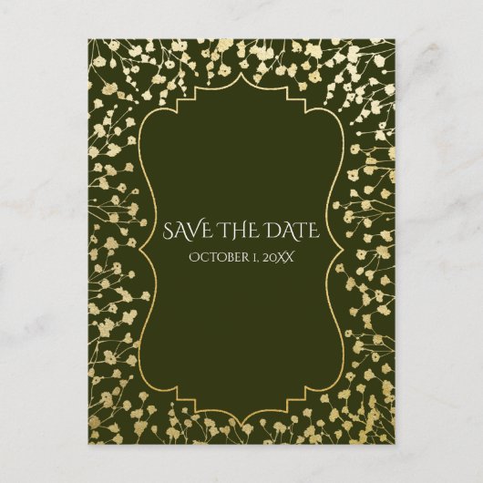 Gouden Baby's Breath Bloemen Rustiek Groen Save Da Aankondigingskaart (Voorkant)