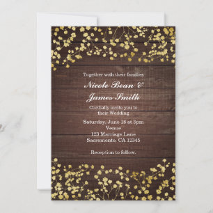 Gouden Baby's Breath Donkere Houten Trouw Uitnodig Kaart