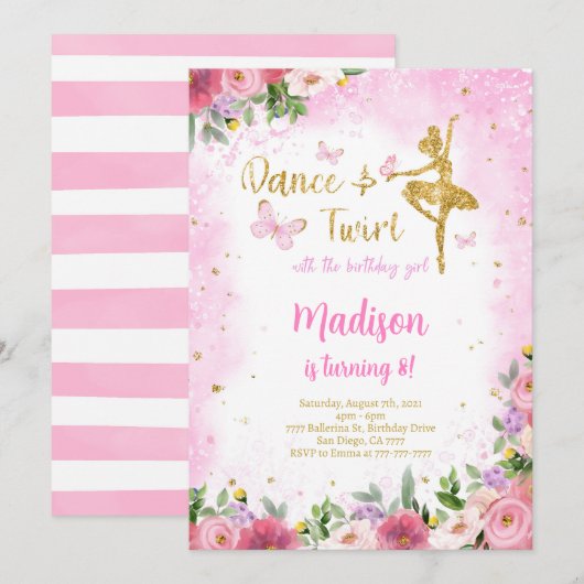 Gouden Ballerina Uitnodiging  (Voorkant / Achterkant)