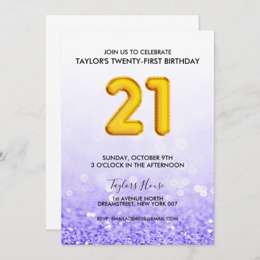 Gouden ballon Paarse glitter 21 verjaardagsfeestje Kaart (Voorkant / Achterkant)