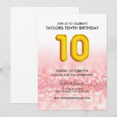 Gouden Ballon Roze Glitter 10e Verjaardagsfeest Kaart (Voorkant / Achterkant)