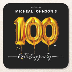 Gouden ballon zwart 100ste verjaardagsfeest vierkante kartonnen onderzetter