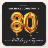 Gouden ballon zwart 80ste verjaardagsfeest vierkante kartonnen onderzetter (Voorkant)