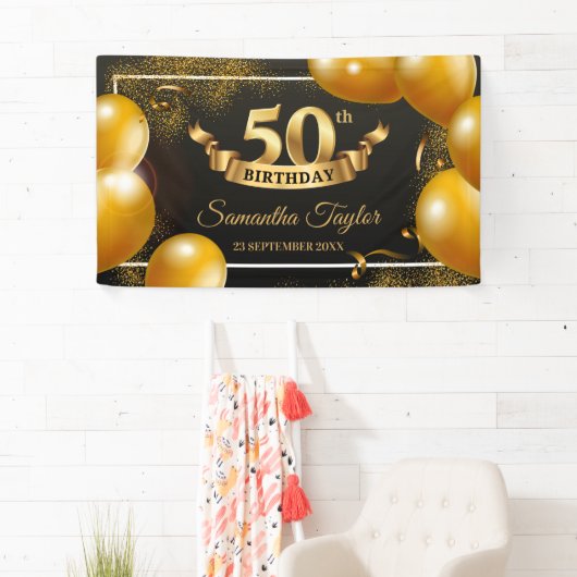 Gouden ballonnen glitter schittert fancy spandoek (Insitu)