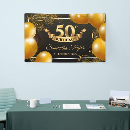 Gouden ballonnen glitter schittert fancy spandoek (Beurs)