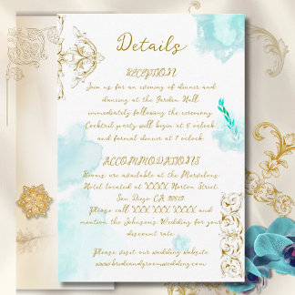 Gouden Barok Blauwgroen Calligrafie Wedding Informatiekaartje