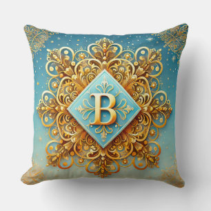 Gouden Barok Letter B Blauwe Monogram Stijl ✨ Kussen