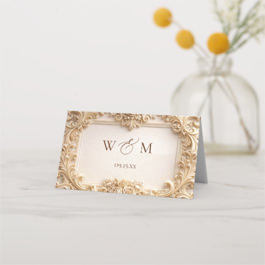 Gouden Barok Monogram Frame Ivoor Place Card (Achterkant)