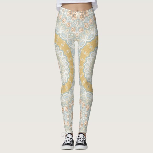 Gouden beige en blauwe mandala patroon ontwerp leggings (Voorkant)