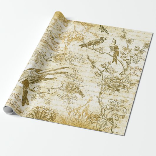  gouden beige vogeltjes bloeien Frans script Cadeaupapier (Uitgerold)