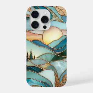 Gouden Bergtoppen Bos Glas-in-Lood Kunst iPhone 15 Pro Hoesje