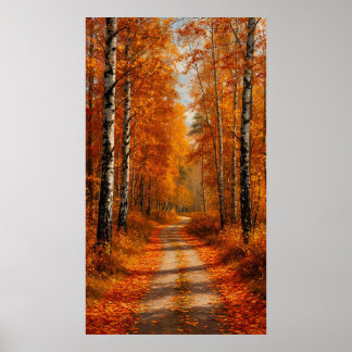 Gouden berkenbospad in zacht herfstlicht poster