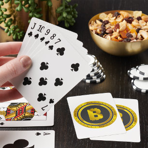 Gouden Bitcoin Symbool Digitale Valuta Pokerkaarten
