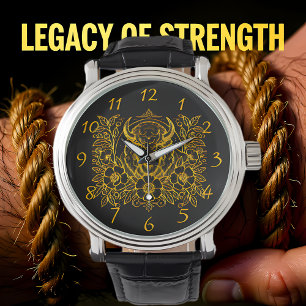 Gouden bizon tussen de bloemen horloge