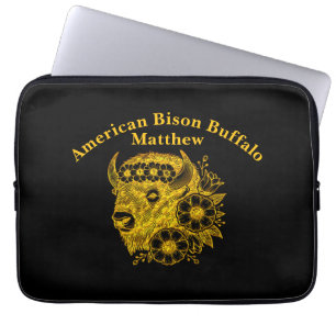 Gouden bizon versierd met bloemen en bladeren laptop sleeve