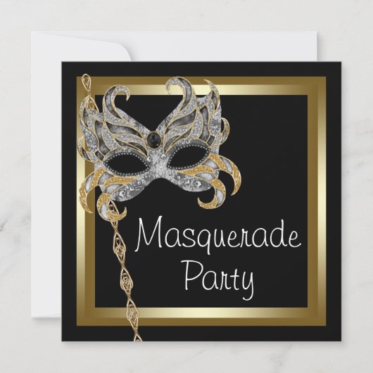 Gouden Black Mask Masquerade Party Uitnodigingen (Voorkant)