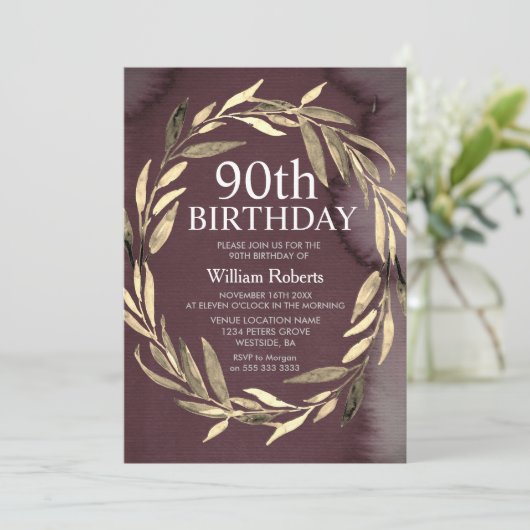 Gouden Blad Krans Mannelijke 90e Verjaardag Uitnod Kaart (Staand voorkant)