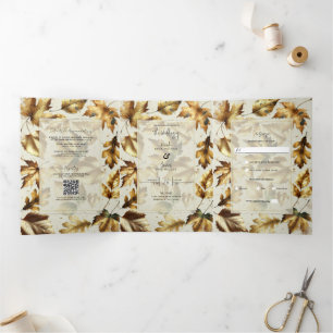 Gouden Bladeren Amandel Beige Glam Herfst Bruiloft Drieluik Uitnodiging