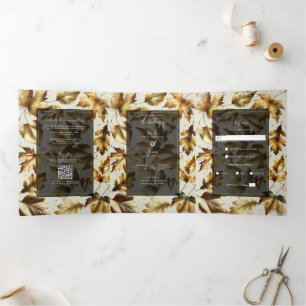 Gouden Bladeren Amandel Beige & Zwart Glam Herfst  Drieluik Uitnodiging