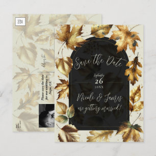 Gouden Bladeren Amandel & Beige Zwarte Glam Herfst Aankondigingskaart