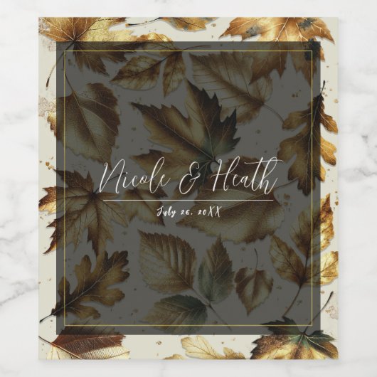 Gouden bladeren Amandelbeige & Black Fall Wedding Wijn Etiket (Enkel label)