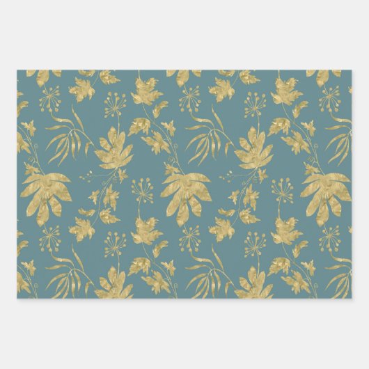 Gouden Bladeren Blauw Groen Bruids Bruiloft Inpakpapier Vel (Voorkant)