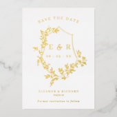 Gouden bladeren Crest Monogram Opslaan van de datu Folie Uitnodiging (Voorkant)